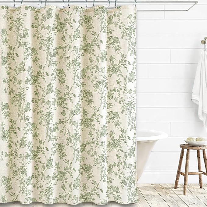 Extra Long Sage Green Shower Curtain Floral Cotton Linen Cottagecore Shower Curtain for Bathroom 72" W x 90" L