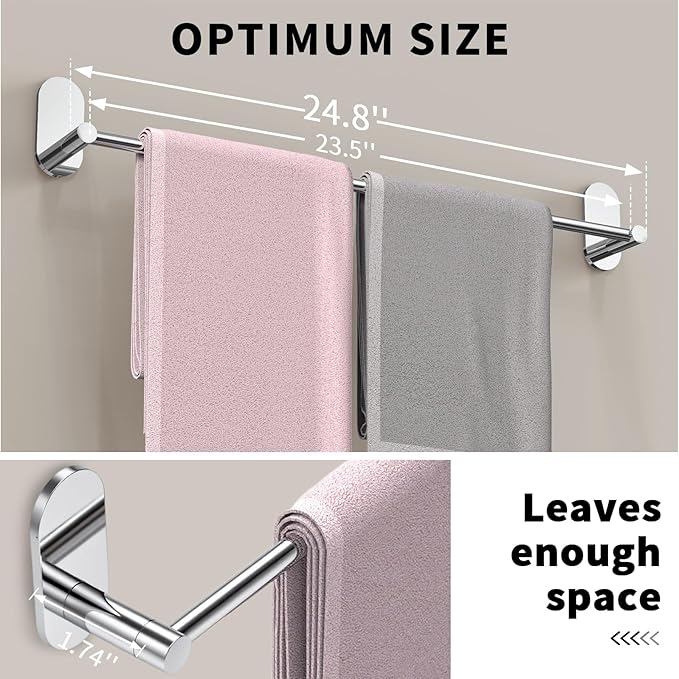 Self Adhesive Towel Bar for Bathroom 24ich Stainless Steel and Zinc Alloy No Drill Towel Rack Heavy Duty Hanger Stick On Hand Towel Holder for Kitchen, Cabinet, Door, Shower, Polished Chrome