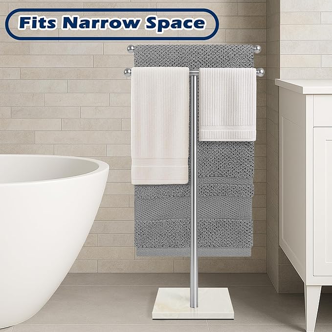 Standing Towel Rack with Marble Base, 2-Tier Free Standing Towel Racks for Bathroom, 40" Height Floor Towel Stand Holder for Bathroom, White