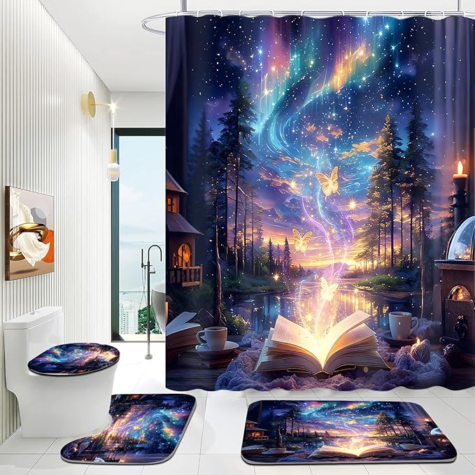 4Pcs Book Forest Starry Shower Curtain Sets with Non-Slip Rugs,Toilet Lid Cover and Bath Mat,Aurora Pattern Home Bathroom Decor Set Accessories Waterproof Shower Curtains with 12 Hooks,72 x 72 Inch