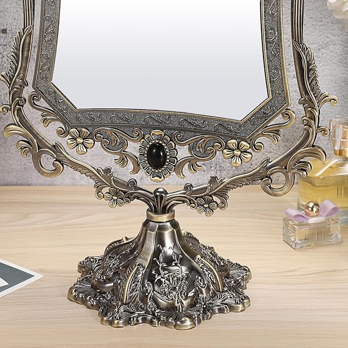JUXYES Metal Tabletop Antique Decorative Makeup Mirror with Stand, Vintage 360° Swivel Double Sided Cosmetic Mirror with Frame, Retro Desktop Dressing Mirror Magic Mirror for Dresser
