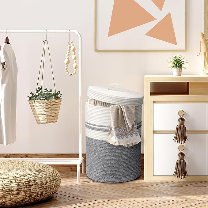 Woven Laundry Basket with Handles, XXL Versatile Clothes Hamper, Blanket and Large Toy Storage Basket for Living Room, Bedroom, Bathroom (Grey, 55L)
