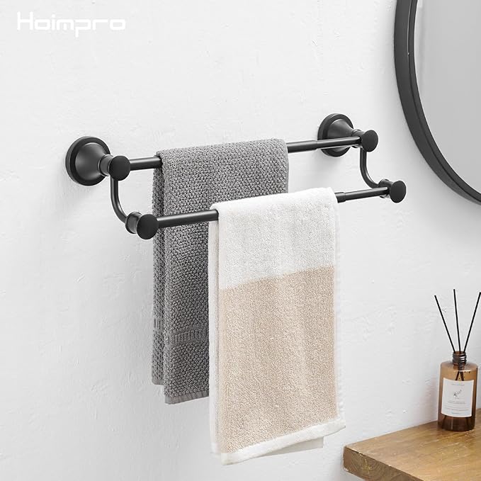 Hoimpro Adjustable Retractable 15-27 Inches Stainless Steel Bathroom Towel Bar, Bathroom Accessories Bath Hotel Double Towel Bar Rod Hanger Wall Mounted Towel Holder Towel Rack, Matte Black
