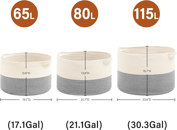 Foldable Laundry Hamper Basket with Collapsible Handle Cotton Rope Soft Woven Fabric Storage Organizer Clothes Toys Nursery Bedroom Dorm Space Saving Bin (White & Light Grey, 65L(19.7"D x 12.6"H))