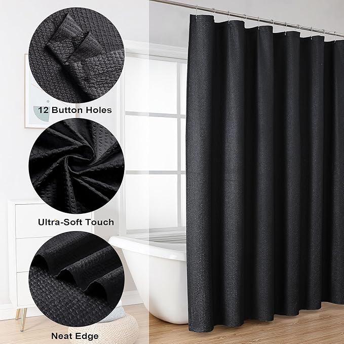 OVZME Berry Black Fabric Shower Curtain - 3D Embossed Hotel Thick Quality Soft Cloth Bath Curtain, Waffle Water Repellent Textured & Machine Washable Material - Standard Size 72x72, Black