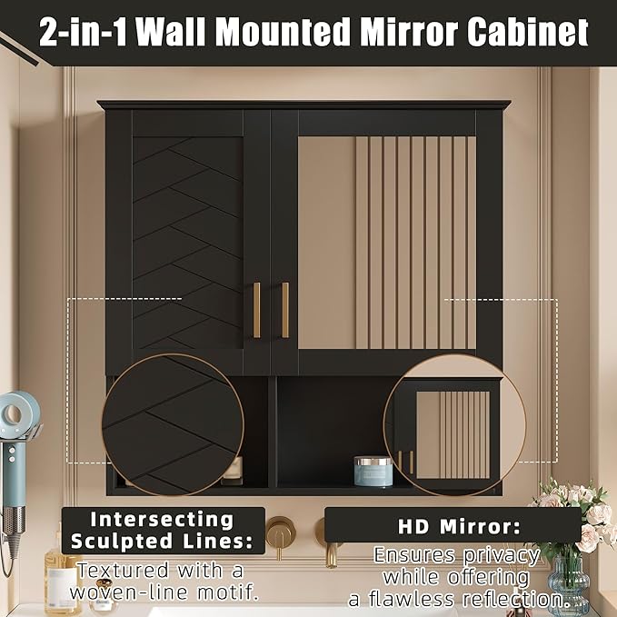 Bathroom Mirror Cabinet, 30 inch Wall Mounted with Adjustable Shelves & Soft Close Doors, High-Define Mirror with Storage