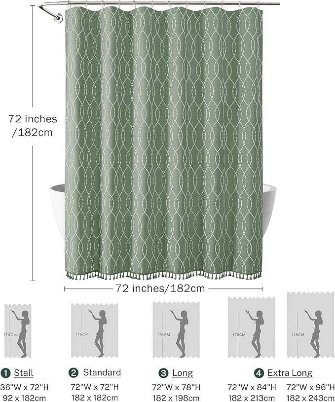 OVZME Sage Green Shower Curtain for Bathroom, Puff Printed Textured Shower Curtain with Tassels, Rustic Geometry Heavy Duty Vintage Country Bathroom Curtain, Water Resistant Fabric, 72Wx72L Inches