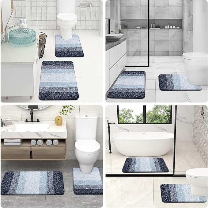 OLANLY Bathroom Rugs Sets 3 Piece, Soft Absorbent Microfiber Bath Mats and U-Shaped Contour Toilet Rug, Plush Shaggy Bath Mat Set for Bathroom (30"x20"+24"x16"+24"x20", Dark Blue)