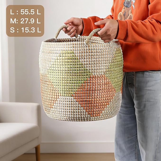 Handwoven Sea Grass Baskets Set of 3 - One of a Kind Round Storage Bins by Artisans, Natural Fiber Woven Baskets for Living Room, Bathroom, Nursery (55.5L, 27.9L, 15.3L)