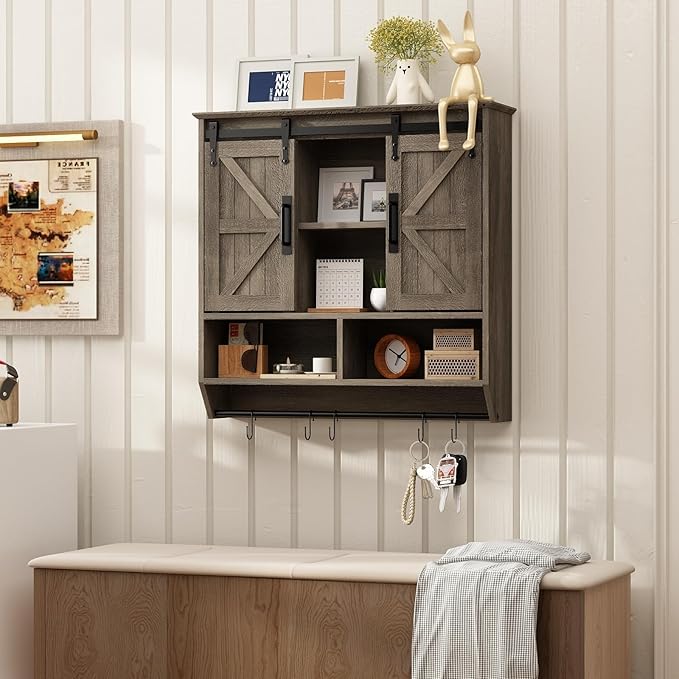 RUSTOWN Farmhouse Bathroom Wall Cabinet,3-Tier Rustic Wood Wall Mounted Cabinets,Vintage Medicine Cabinet with Sliding Barn Door and Adjustable Shelves,Over The Toilet Storage Cabinet (Washed Oak)