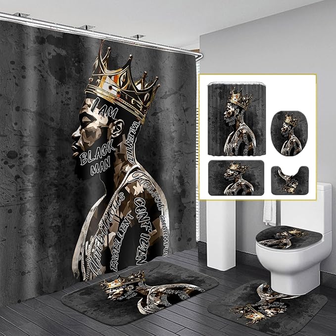 African American Shower Curtain Sets for Bathroom, Black Praying King Bathroom Sets with Waterproof Shower Curtain and Non-Slip Rugs Toilet Lid Cover Bath Mat, Cool Unique Man Bathroom Decor Sets