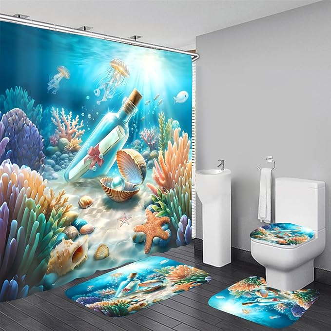 Yizheer 4Pcs Drift Bottle Shower Curtain Sets,Shell Pearl Jellyfish Ocean Scenery Marine Theme Bathroom Curtain with Rugs, Toilet Lid Cover and Bath Mat