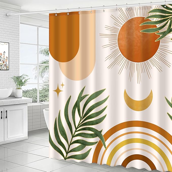 Boho Mid Century Shower Curtain, Bohemian Orange Minimalist Simple Aesthetic Modern Bathroom Decor, Spring Summer Colorful Rainbow Sun Moon Botanical Fabric Cloth Bath Curtain 72x72 Inches