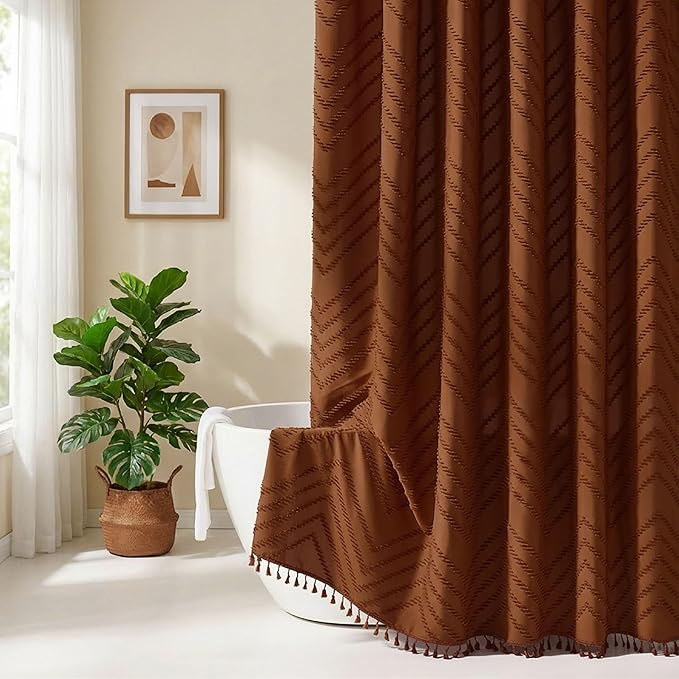 Extra Long Shower Curtains Burnt Orange 72 x 84 Inches Tufted Chevron Fabric for Bathroom Vintage Shabby Chic Waterproof Cloth Shower Curtain