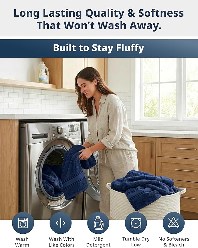 LANE LINEN 100% Cotton 4 Pack Bath Towels (28"x54") - Zero Twist, Mercerized Cotton Towels Set for Bathroom - Quick Dry, Soft & Absorbent Large Bath Towel Set - Dorm Essentials for Boys - Navy Blue