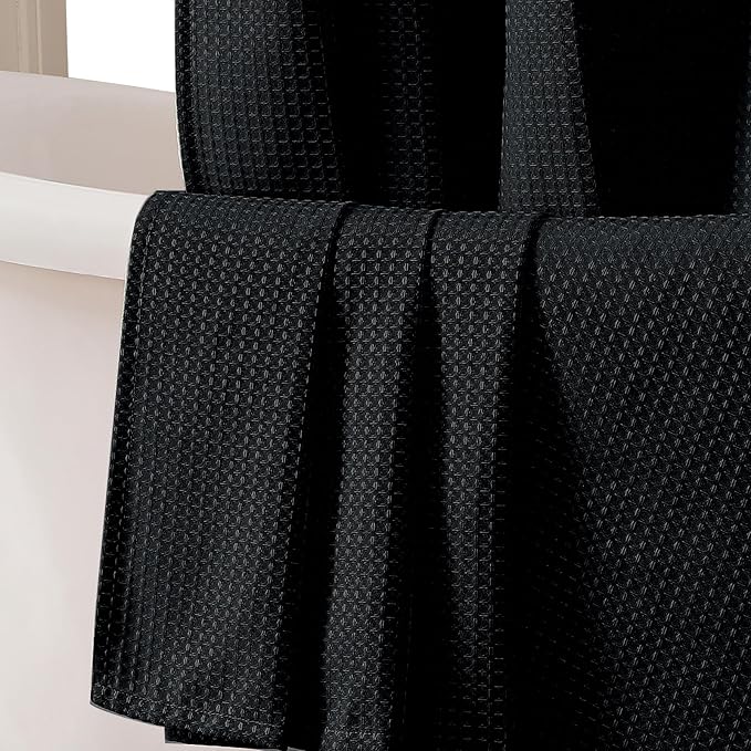 OWENIE Black Shower Curtain, Stall Small Waffle Weave Heavy Fabric Shower Curtains for Narrow Size Bathroom, Waterproof Soft Hotel Spa Luxury Bath Curtain Set, Machine Washable, Black, 36x72 Inch