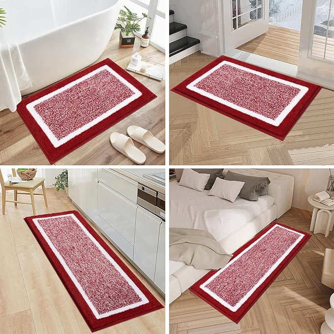 Pauwer Bathroom Rugs Sets 3 Piece Bathroom Shower Rugs with U-Shaped Contour Toilet Mat Absorbent Microfiber Plush Bath Mats Non Slip Bath Rugs Machine Washable Shaggy Floor Mats, Red