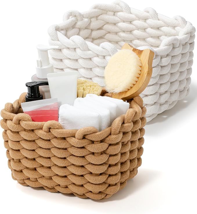 Storage Baskets 2 Pack, Macrame Woven Decorative Baskets for Vanity, Desk, Bathroom & Bedroom Organizer, Small Boho Cotton Rope Bins for Cosmetics, Office Supplies, Cream & Khaki, 7x5.5x5 Inches