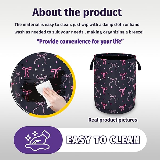 Beautiful Bow Laundry Basket Foldable Oxford Cloth With Handle Portable Colorful Storage Basket Organizer Suitable For Laundry Room/Living Room/Bedroom/Children'S Room (18.9 X 16.5 Inch)