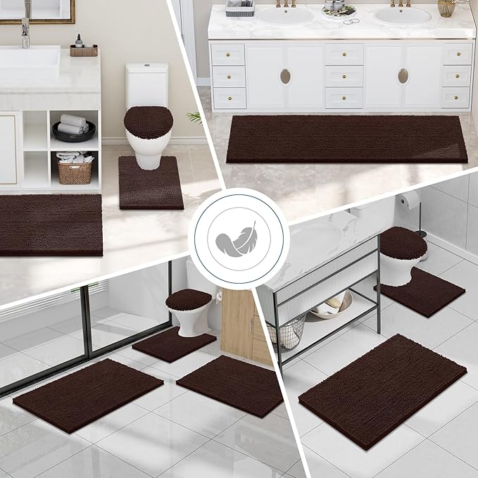 Smiry Luxury Chenille Bathroom Rugs 71x47, Extra Soft and Absorbent Shaggy Bath Mat, Machine Washable, Non-Slip Plush Carpet Runner for Tub, Shower, and Floor, Home Decor Accessories, Brown
