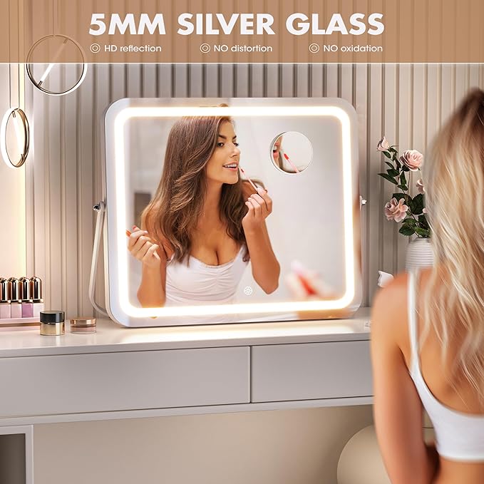 Hasipu Vanity Mirror with Lights, 15" x 13" LED Makeup Mirror, 3 Modes Light, Smart Touch Control Dimmable, 360ยฐRotation, Rectangle White Frame, with 5X Magnifying Glass