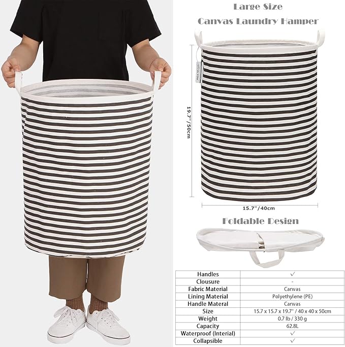 Sea Team 2-Pack 19.7 Inches Large Sized Waterproof Coating Ramie Cotton Fabric Folding Laundry Hamper Bucket Cylindric Burlap Canvas Storage Basket (19.7", Black & White Stripe)