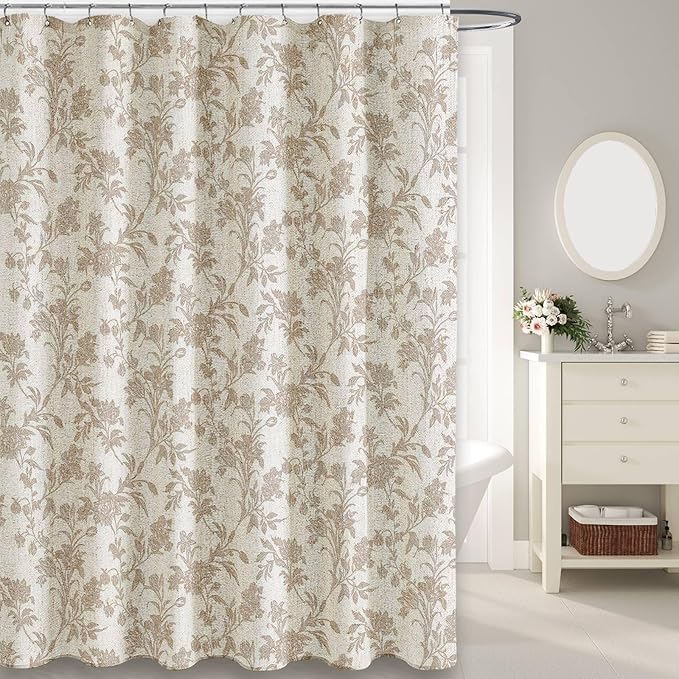 Beige Shower Curtain Floral Cotton Linen Cottagecore Shower Curtain for Bathroom 75" L x 72" W Long