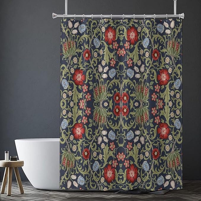 Boho Watercolor Floral Shower Curtain William Morris Design Heavy Duty Fabric Shower Curtain Set Bathroom Polyester Waterproof Shower Curtain 72x72 Inches(183x183cm), Style