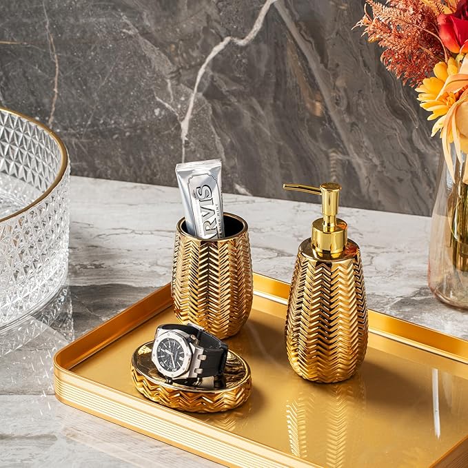 Gold Bathroom Accessories 3pcs Stylish Bathroom Accessories Set Gold Soap Dispenser Pump, Tumbler and Soap Dish Modern Decor Wavy Design Ceramic Bathroom Accessory Set