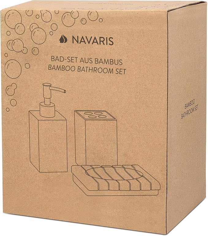 Navaris Bamboo Bathroom Accessories Set - 3-Piece Bath Set with Toothbrush Holder, Liquid Soap Dispenser, Soap Dish - Bath Accessory Trio 3 Pieces