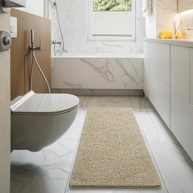LOCHAS Luxury Bathroom Rug Shaggy Bath Mat 24 x 54 Inch, Washable Non Slip Bath Rugs for Bathroom Shower, Soft Plush Chenille Absorbent Carpets Mats, Beige
