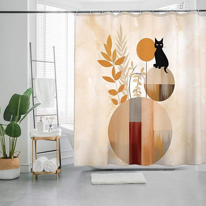 HMS Happy Memories Bohemian Plant Boho Floral Print Shower Curtain, Polyester Fabric Cloth for Bathroom Decor 72×72 Inch Standard Size with 12 Hooks, Also as Room Divider (Leaf Cat)