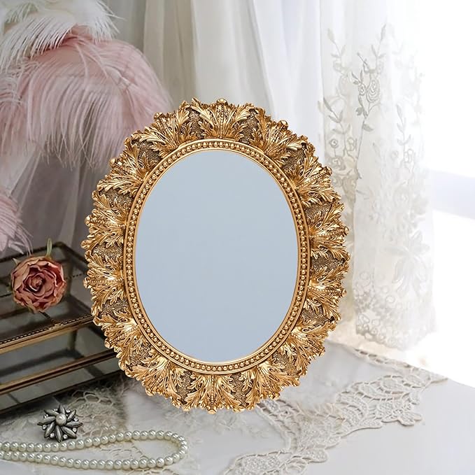 JANDERART Small Oval Vintage Mirror 12.5x10.5 Inch, Antique Ornate Decorative Mirror for Desk & Wall, Vanity Mirror for Makeup, Gold