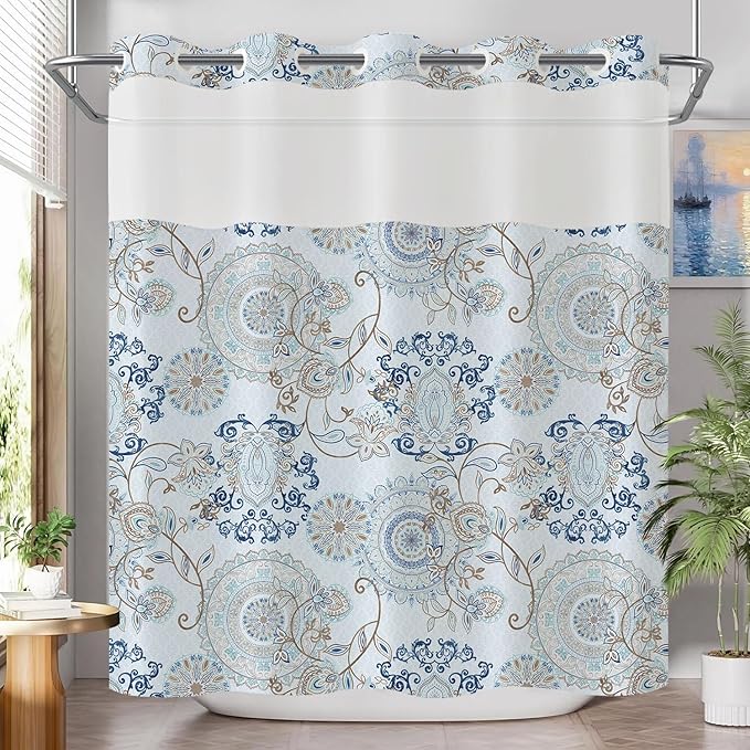 Neasow No Hook Shower Curtain with Snap in Liner, Light Blue and Navy Paisley Floral Curtains with Waterproof Inner Liner for Bathroom, Cool Teal 72×74 inches