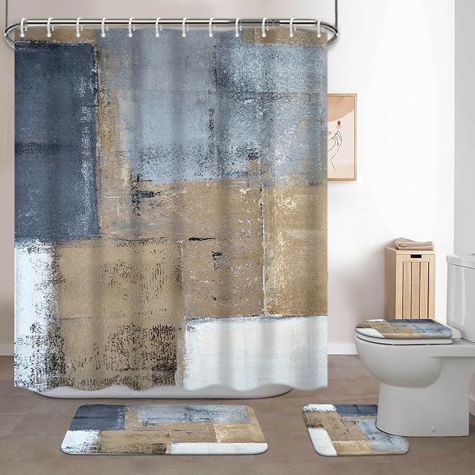 Lnond 4Pcs Bathroom Shower Curtain Sets with Rugs,Brown and Blue Painting Art Bathroom Sets with Shower Curtain and Rugs and Accessories
