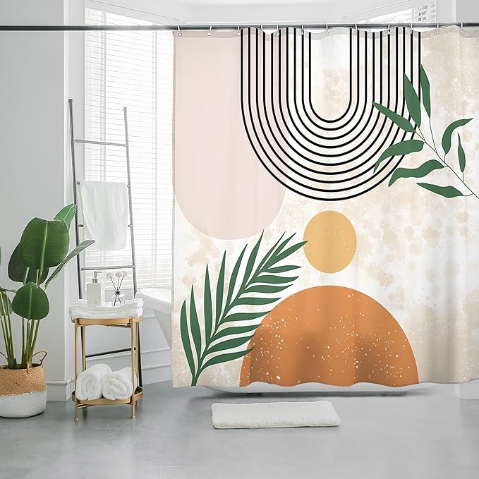 HMS Happy Memories Bohemian Plant Boho Floral Print Shower Curtain, Polyester Fabric Cloth for Bathroom Decor 72×72 Inch Standard Size with 12 Hooks, Also as Room Divider (Boho Orange)