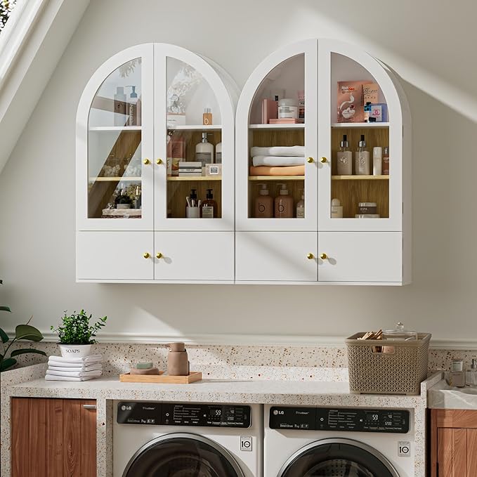 BREEZEHEAT Arched Medicine Cabinet with Extra Storage, Glass Doors & Adjustable Shelf -Wall Mounted Over Toilet Cabinet for Bathroom, Kitchen, Laundry Room, Smooth Glossy White, 23.6x33.5 Inch