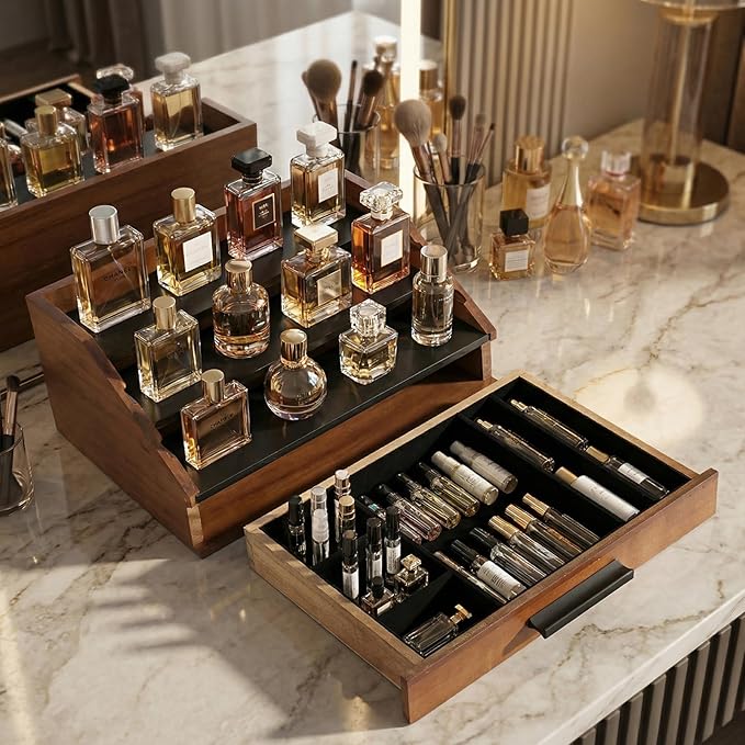 Cologne Organizer for Men - 3-Tier Wooden Perfume Shelf Stand with Drawer, Perfume Display & Storage Tray for Dresser, Black & Brown, 11"x4.7"x7.9"