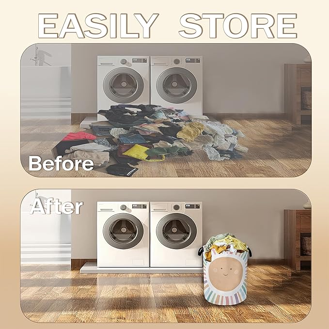 Collapsible Laundry Basket,Colorful Boho Sunshine Dirty Clothes Hamper,Cute Cartoon Sun Hampers for Bedroom Waterproof Oxford Cloth Storage Organizer for Bathroom,Nursery,Dorm,16x20 Inch