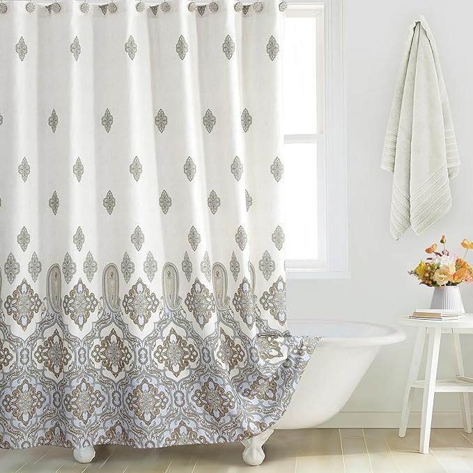 Beige Fabric Shower Curtain, Waterproof for Bathroom with Tan Printed Ombre Boho Paisley Damask Pattern, 72" W x 72" H