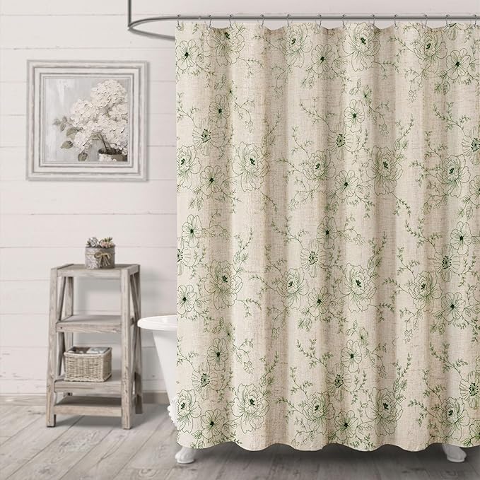 Farmhouse Floral Linen Shower Curtain, Vintage Green Embroidered Pattern Rustic Shower Curtains for Bathroom, Tan Taupe,72x72