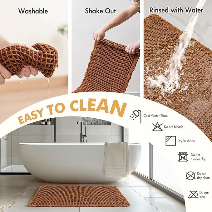 MIULEE Set of 2 Waffle Bathroom Runner Rugs, Fall Boho Bath Rug Non Slip, Super Absorbent Runner Bath Mats, Rubber Backed Shower Mat for Hallway Bedroom Laundry Room, Terracotta, 2'x4'(24x48 Inch)