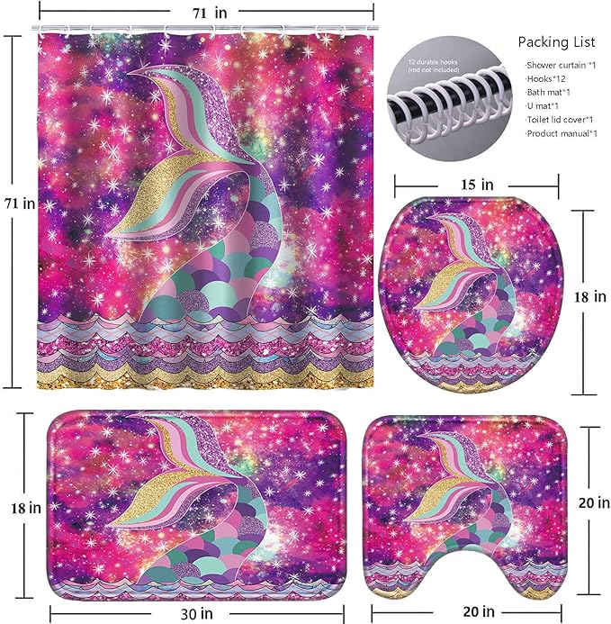 Poedist 4 Pcs Bathroom Shower Curtain Set,Kid's Bathroom Set,Mermaid's Tail Shower Curtain Sets with Rugs(Bath Mat,U Shape and Toilet Lid Cover Mat) and 12 Hooks