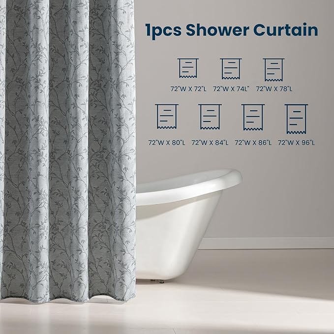 SLEEP ZONE Farmhouse Jacquard Shower Curtain, Textured Fabric Shower Curtains Leaf Curtain for Modern Home Decorations Bathroom, 72" × 98" Grey Leaf