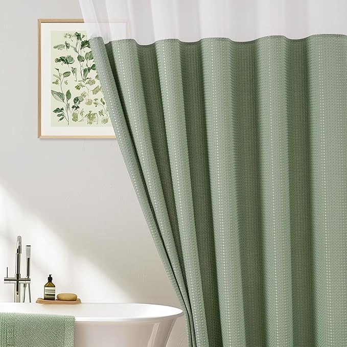 UFRIDAY Waffle Weave Shower Curtain with Mesh Window, Green,36 x 72 Inches, Waterproof