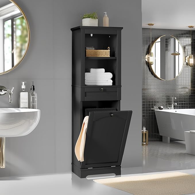 YITAHOME 53" Tall Tilt-Out Laundry Storage Cabinet, Hidden Hamper with Adjustable Shelves, Removable Basket & Sturdy Wooden Design for Bathroom or Laundry Room Organization, Black
