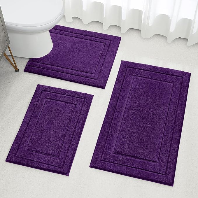 HOMEIDEAS Bathroom Rugs Sets 3 Piece, Super Soft and Absorbent Non Slip Microfiber Toilet Bath Mat with U-Shaped (Purple)