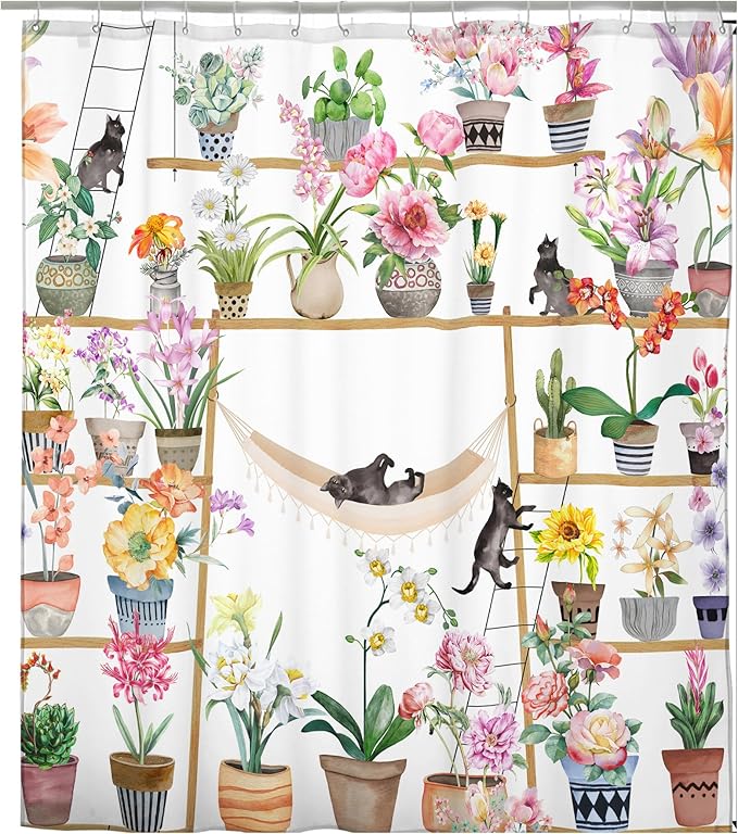 HMS Happy Memories Bohemian Plant Boho Floral Print Shower Curtain, Polyester Fabric Cloth for Bathroom Decor 72×72 Inch Standard Size with 12 Hooks, Also as Room Divider (Color 5)