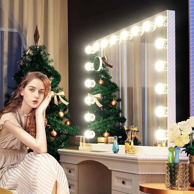 Gvnkvn Vanity Mirror with Lights, 32 x 24 Tabletop Hollyhood Makeup Mirror, Hollywood Lighted Mirror with 18 Dimmable LED Bulbs,3 Colors Modes,Touch Control,Metal Frame,