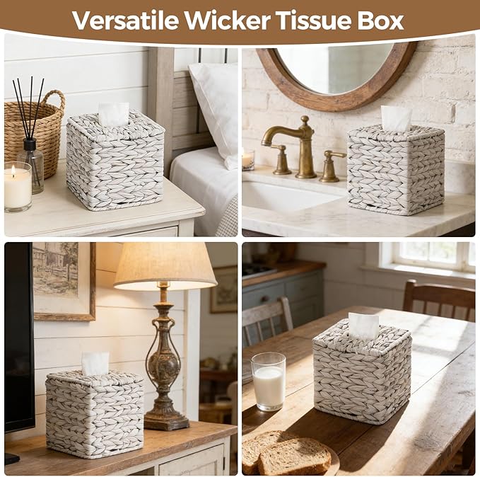 Tissue Box Cover, Square Wicker Tissue Box Holder Facial Tissues Boxes, Hand Woven Napkin Box Tissue Holder for Bathroom Bedroom Office Table Desk Night Stand, Boho Decorative, White